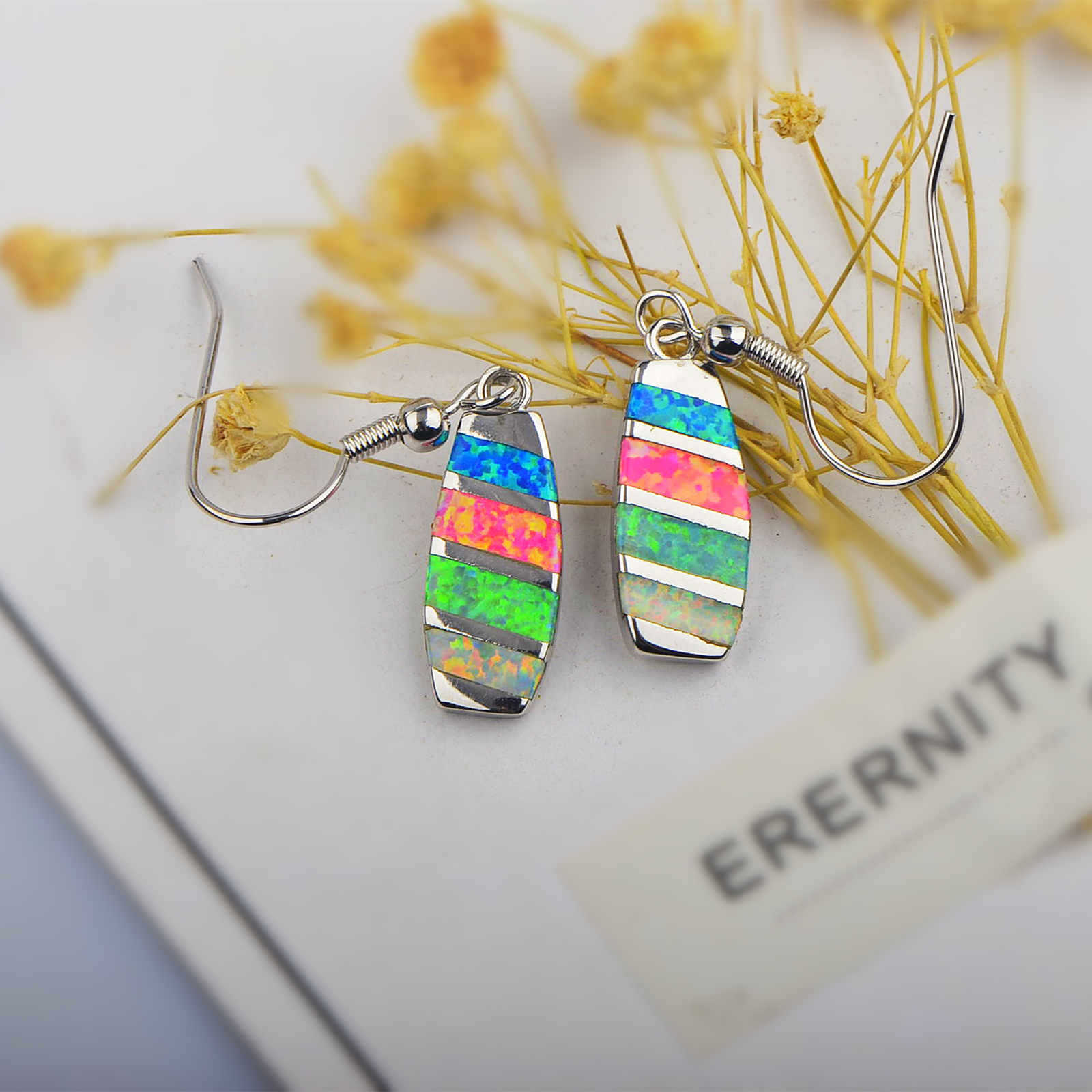 Colorful Women's Opal Long Rectangle Simple Style Jewelry Earrings Fashionable TikTok Ins European Style Jewelry Accessories