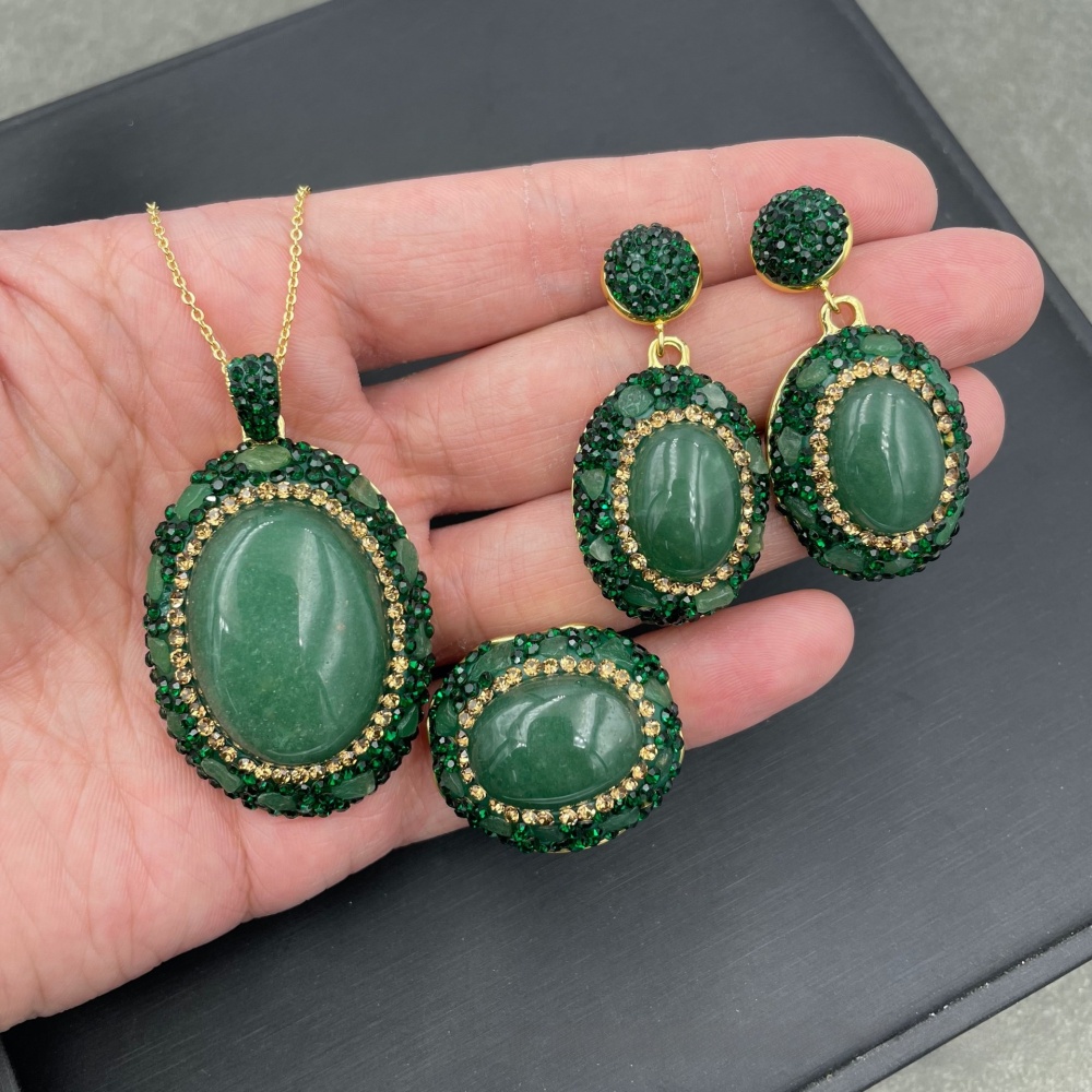 New Green Dongling Enamel Jade Set Ethnic Style Necklace Women's Jewelry Accessories Factory Direct Sale Middle-Aged Niche Three-Piece Set