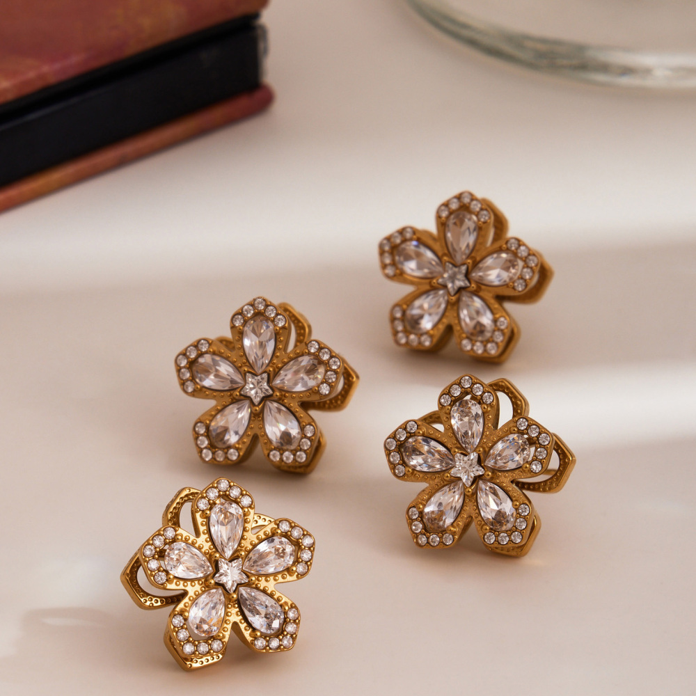 Lucky Flower Zircon 360 Degree Rotating Earrings Ring Necklace Set 18K Gold Plated Jewelry Accessories Elegant Luxury Romantic