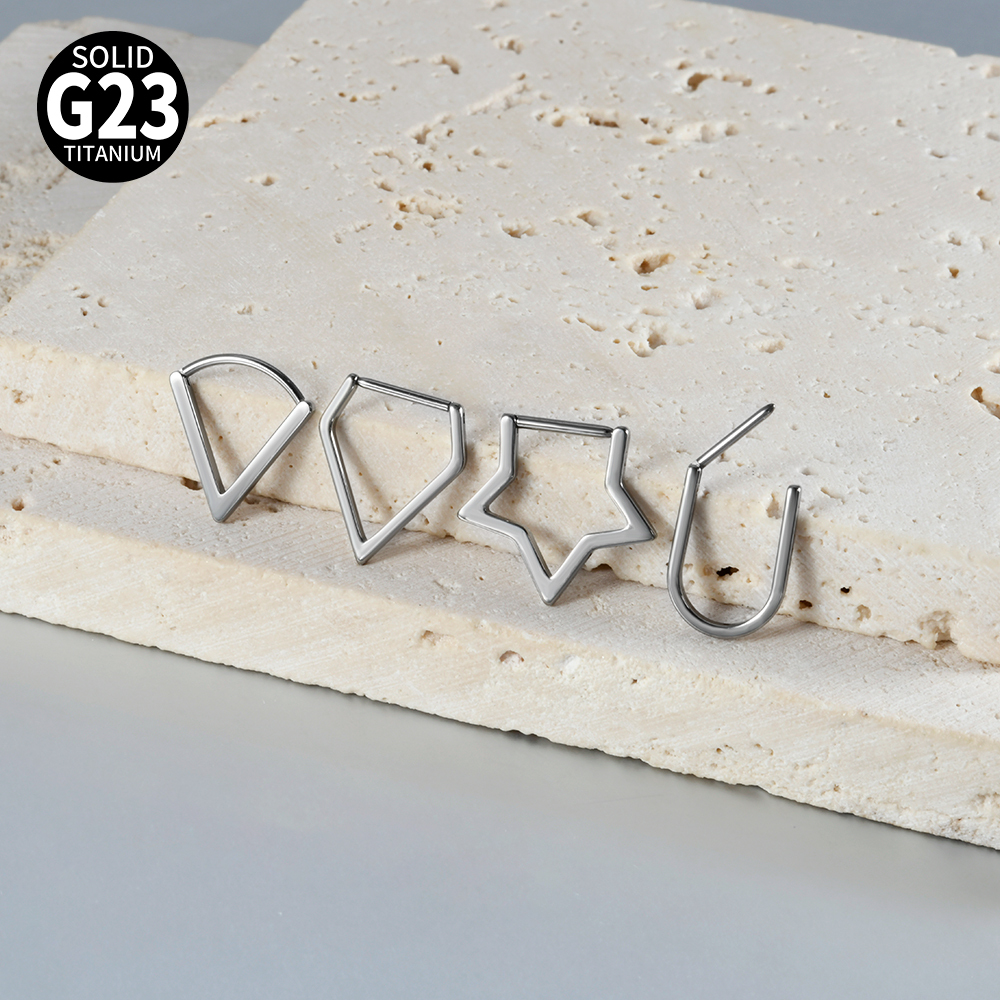 G23 Titanium Geometric Five-Star Earrings Split Ring U-Shaped V-Shaped Trendy Accessories Diamond Gold Split Ring Nose Ring Piercing Jewelry 18G