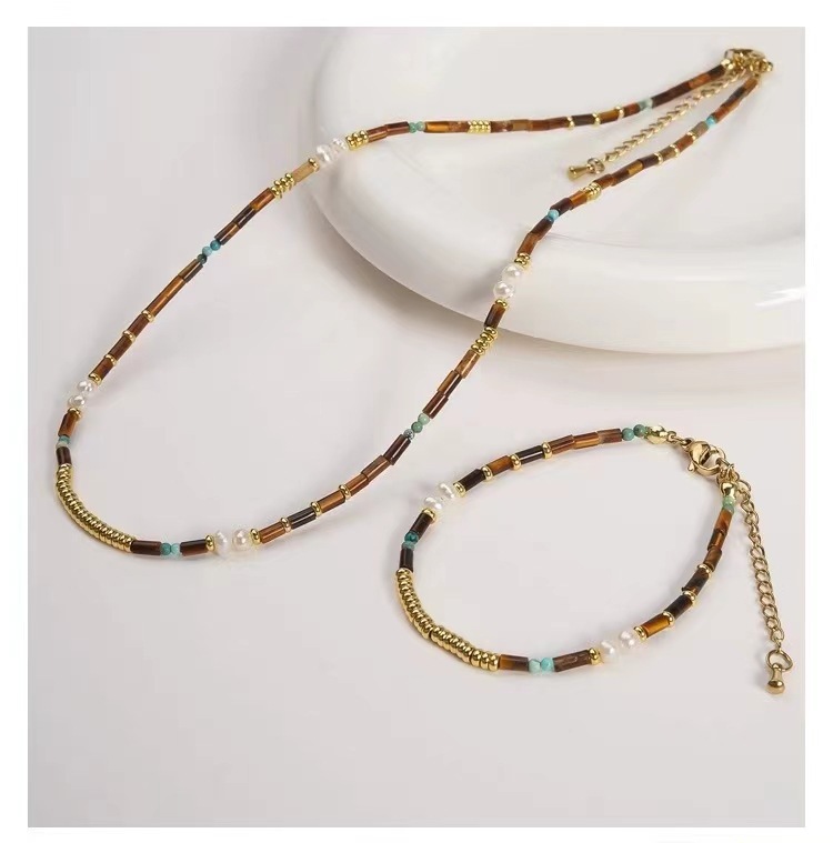Tiger Eye Pearl Necklace Set Women's New  Baroque Style Natural Stone Irregular Shape Chinese Traditional Jewelry Accessories