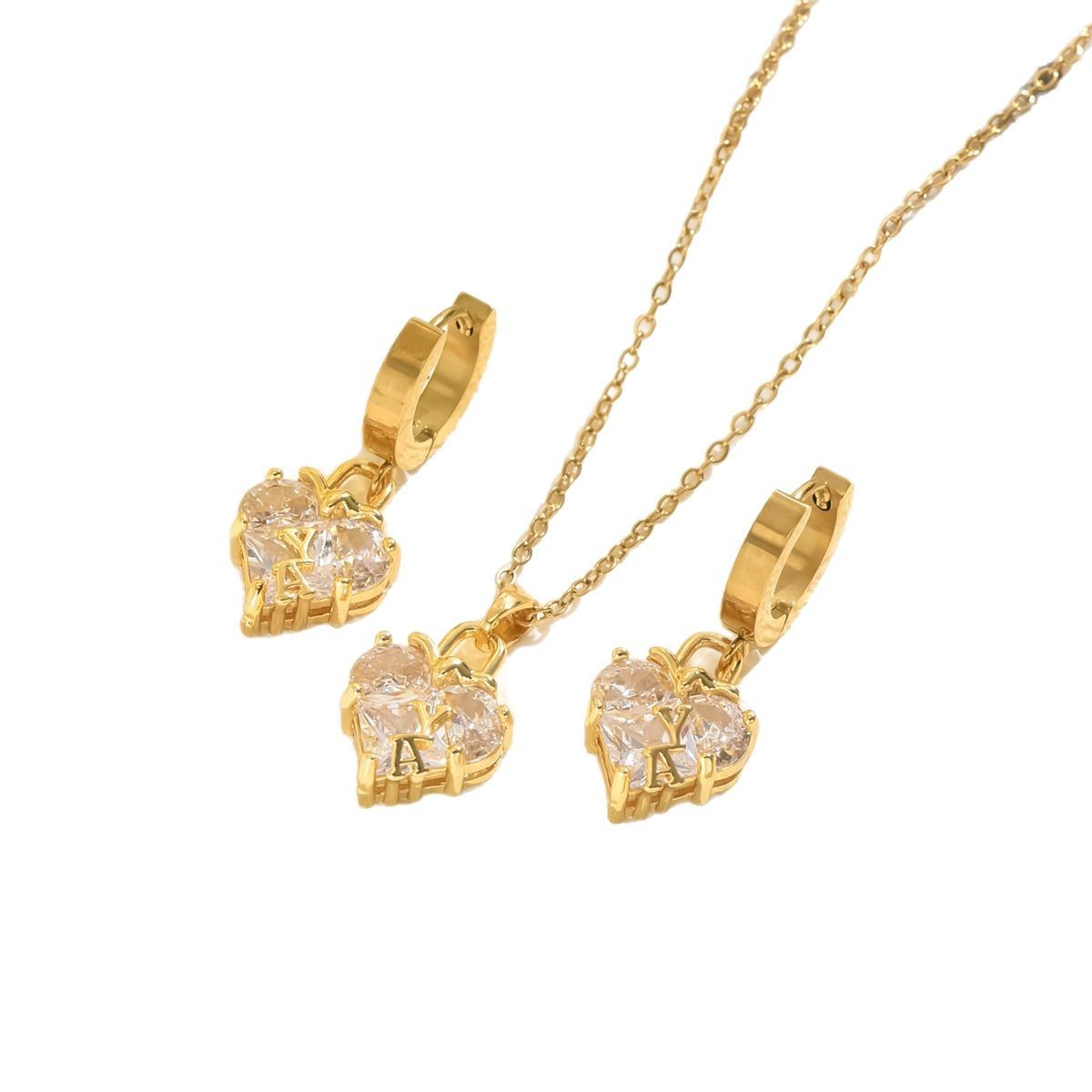 Fashionable Gold Heart Shaped Synthetic Zirconia Letter A Design Earring Necklace Set Natural Style Stainless Steel Jewelry