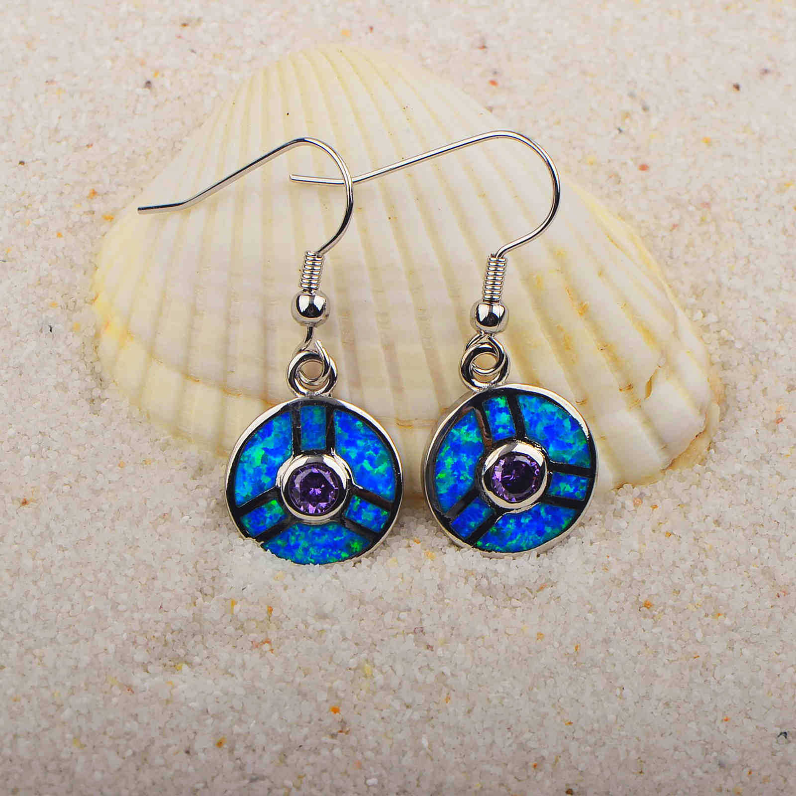 Ocean Wind Round Opal Earrings Beach Girl Coin Earrings Sweet Style Geometric Pattern Copper Jewelry Accessories For Women