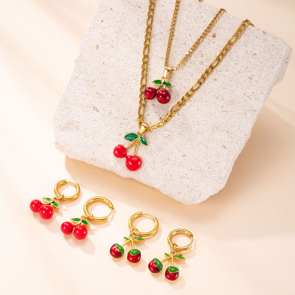 Stainless Steel Necklace And Earrings Set Red Oil Cherry Design 18K Gold Plated Titanium Metal Jewelry Accessories