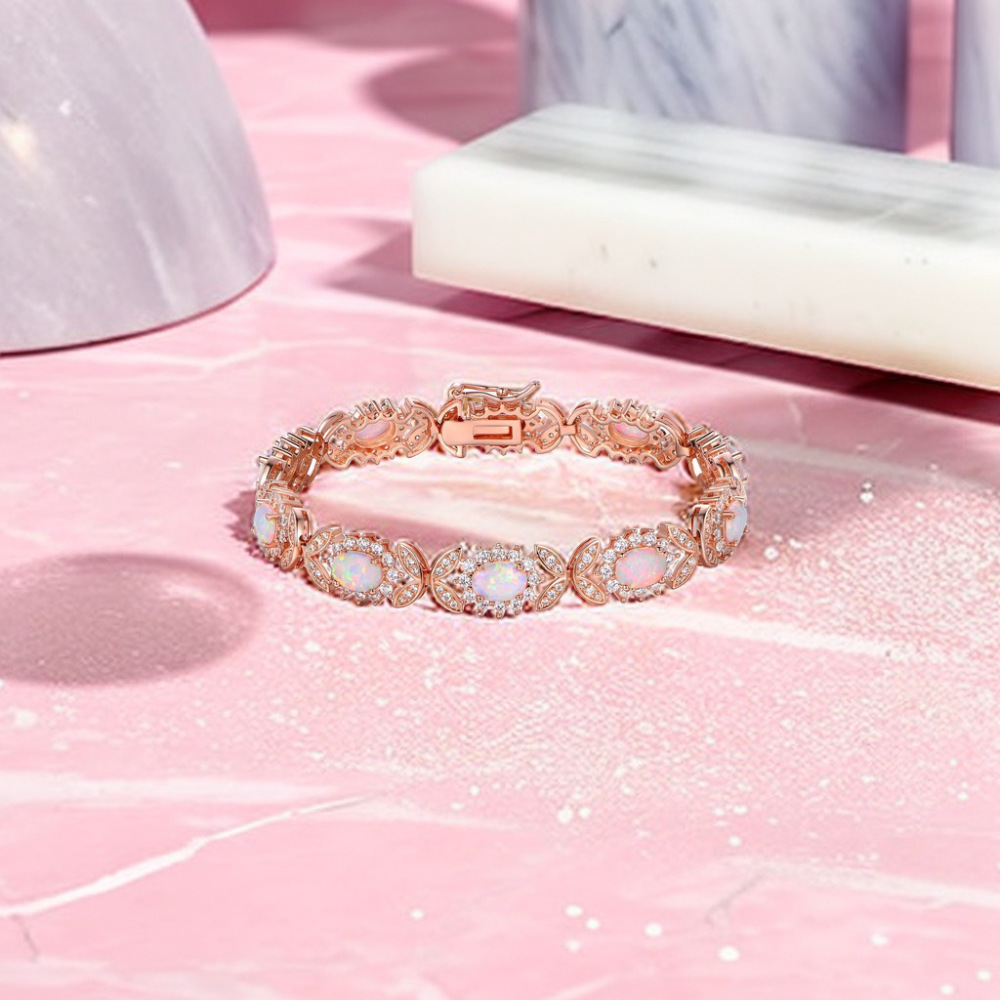 Fashionable Oval Shaped Opal Bracelet Elegant Geometric Pattern Copper Jewelry Colorful Gemstone Accessories For Women