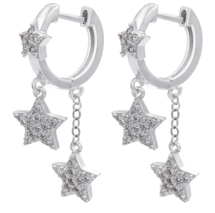 New Micro-inlaid Star Earrings Long Five-pointed Star Tassel Earrings Colored Copper Zircon Jewelry Accessories