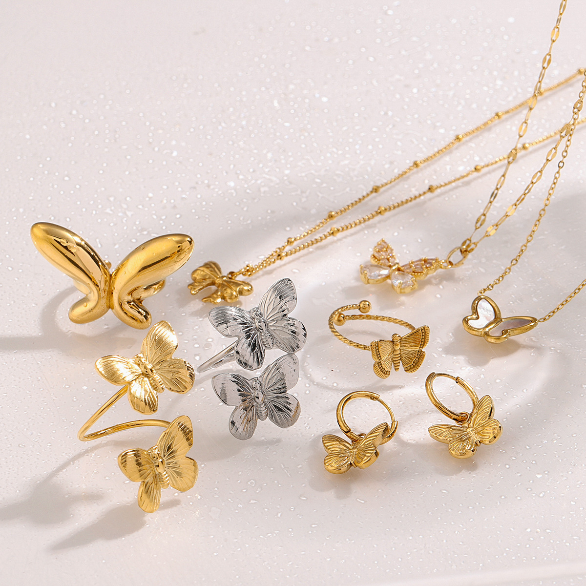 PVD Coated Real Gold Plated Butterfly 304 Stainless Steel Simple Style Classic Style Waterproof Non Tarnish Rings Earrings Necklace