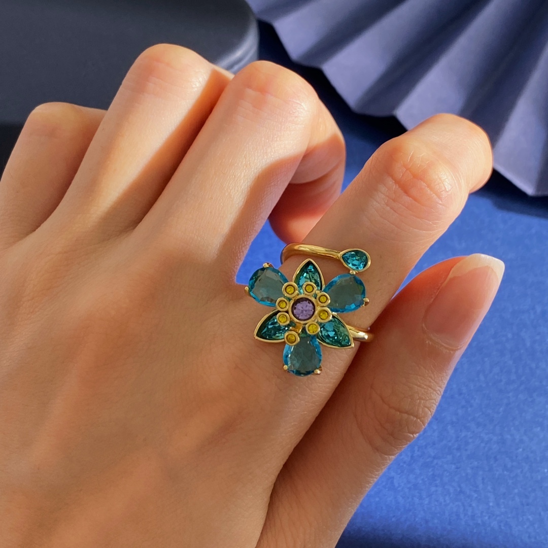 2025 New Crystal Colorful Flower Women's Earrings Elegant Sensation Small Design Daily Wear Adjustable Size Bronze Ring