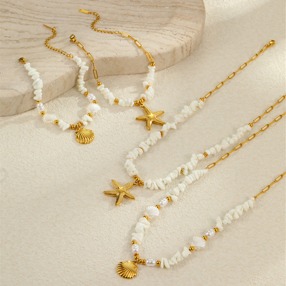 Style Beach Ocean Style Shell Necklace, Starfish Shell Pendant, Titanium Steel Material, 18K Plating Ornament, Bracelet Style