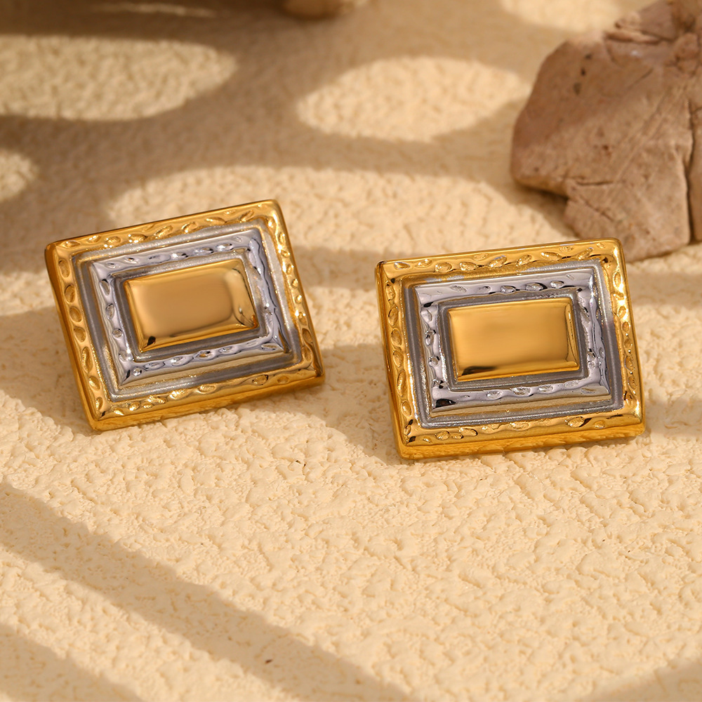 PVD Coated Real Gold Plated Rectangle 304 Stainless Steel Vintage Style Waterproof Non Tarnish Ear Studs