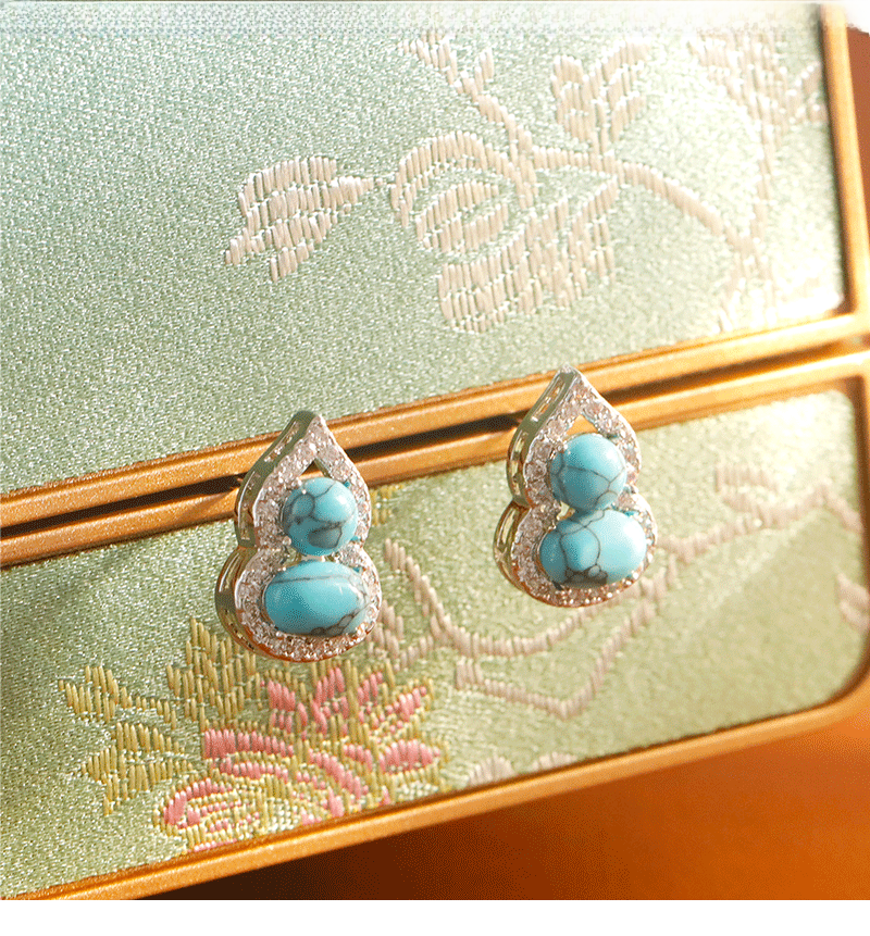 New Chinese Style Green Turquoise Gourd Earrings Bohemian Print Copper Jewelry 925 Silver Post Unique Design Women's Fashion