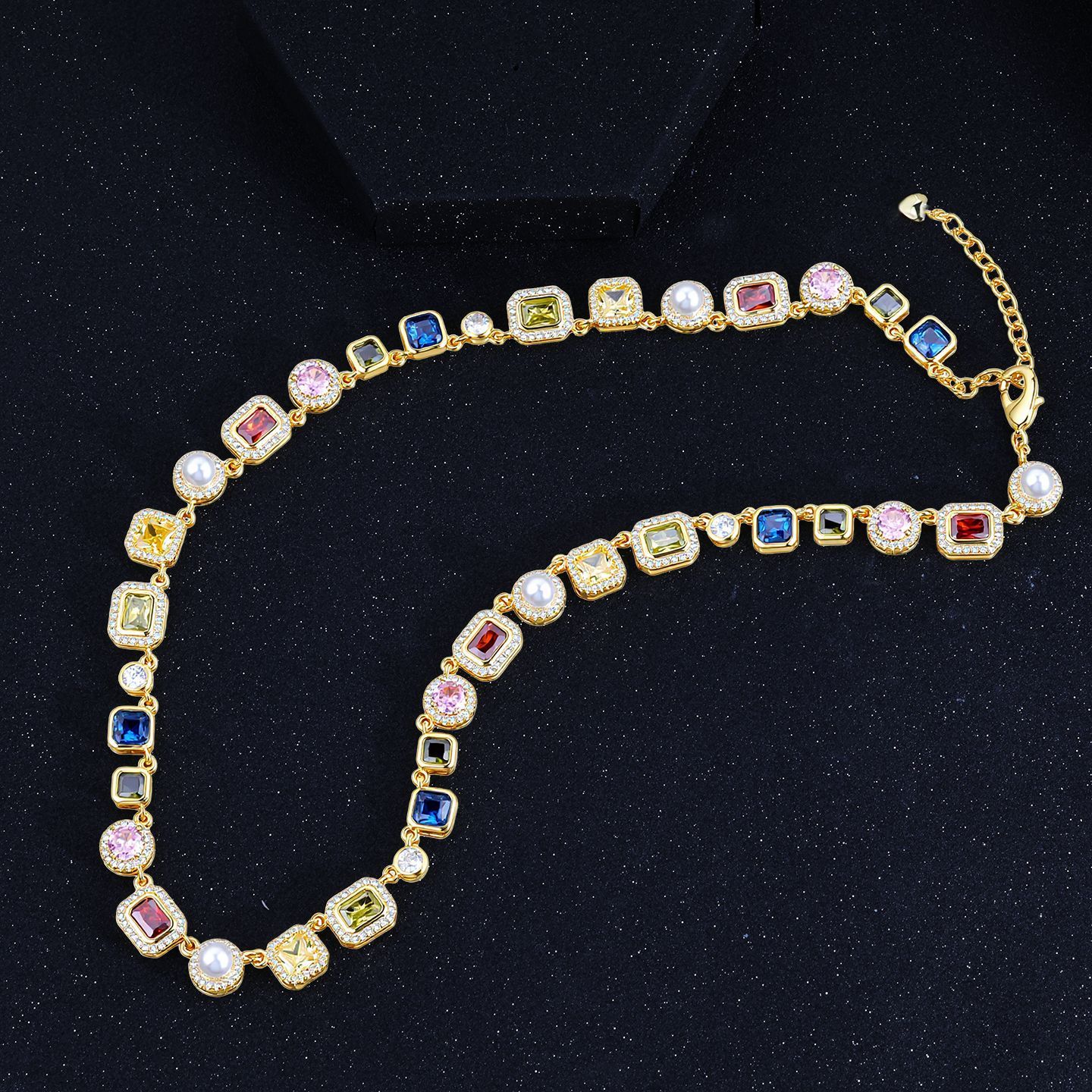 Fashion Chain Necklace Multi-Color Cubic Oxidized Zirconia Gemstone Enamel Pattern Mix Color Hip Hop Jewelry Accessory