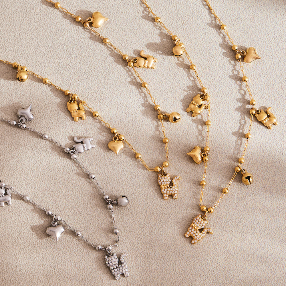 Stainless Steel Cat Zircon Necklace Bracelet DIY Multi Pendant Heart Bell Luxury Versatile Jewelry Accessories Elegant Romantic