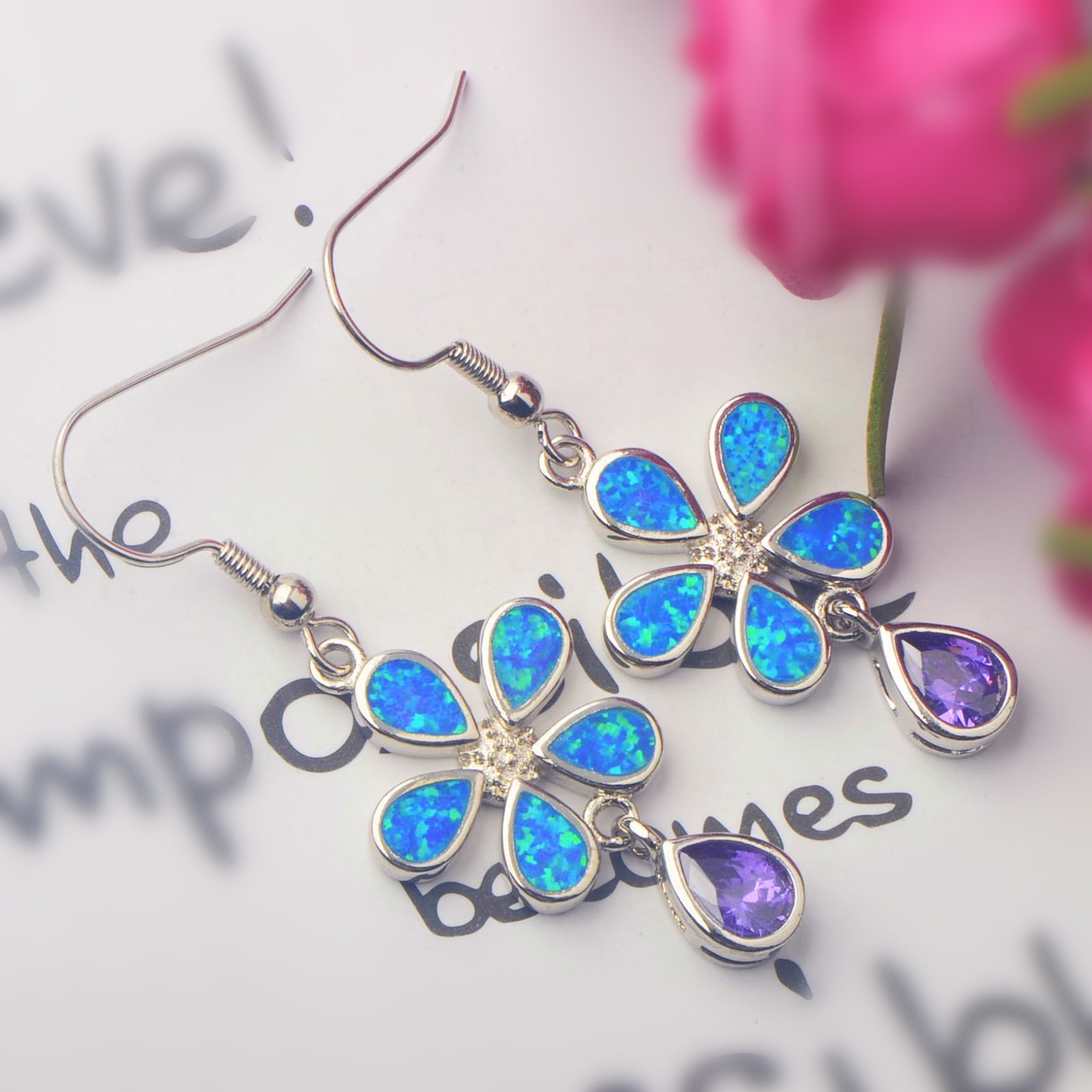 European Style Opal Flower Waterdrop Earrings Simple Design Tea Flower Craft Copper Material Jewelry Accessories