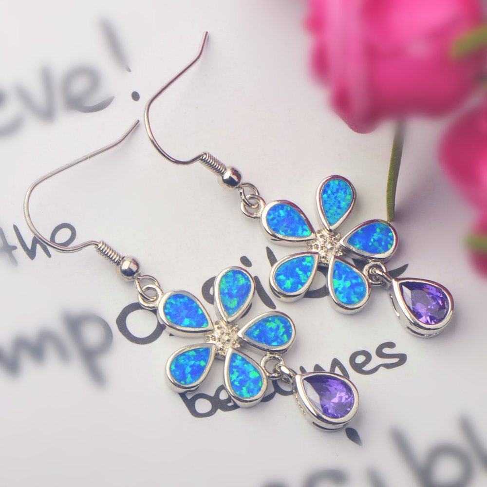 European Style Opal Flower Waterdrop Earrings Simple Design Tea Flower Craft Copper Material Jewelry Accessories