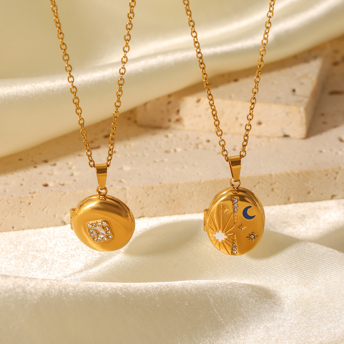 304 Stainless Steel Round PVD Coated Zircon 18K Real Gold Plated Modern Style Artistic Waterproof Non Tarnish Inlay Cable Chain Lobster Trigger Clasp Closure Gold Pendant Necklace