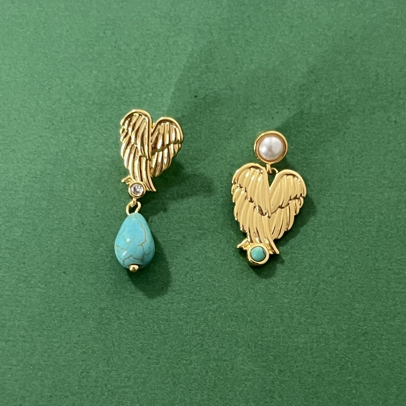 Fashionable Natural Stone Earrings Women's Asymmetric Heart Feather Wing Design Elegant Vintage Style Jewelry Accessories