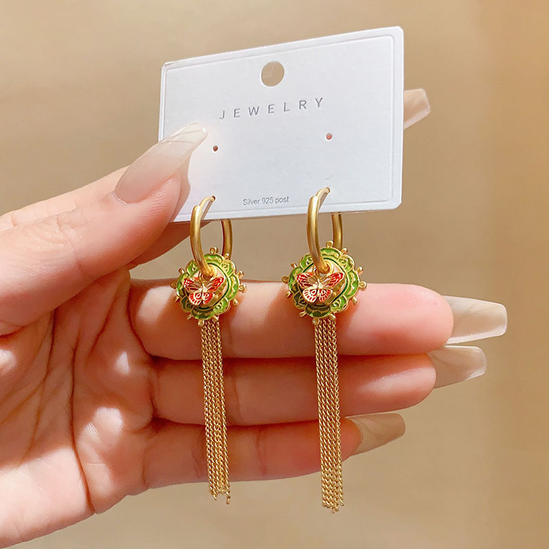 New Chinese Style National Trend Drip Glaze Long Tassel Women's Multi-Wear Drop Earrings Fashionable Versatile Copper Plated Geometric Pattern
