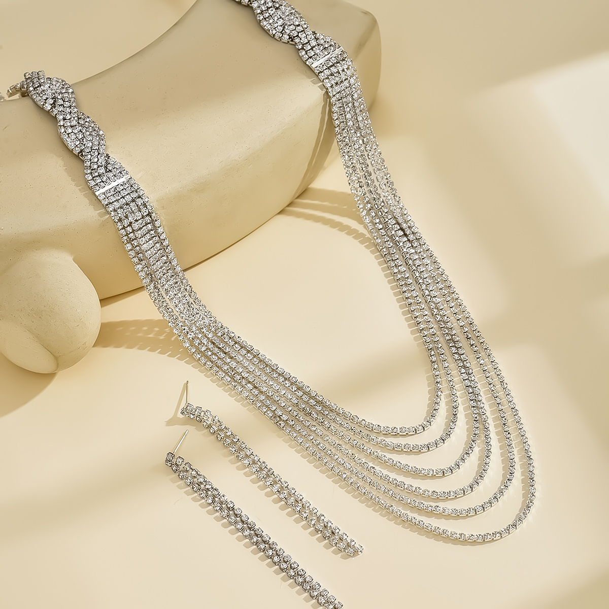 2-Piece Copper Inlaid Rhinestone Vintage Light Luxury Sparkling Tassel Necklace Chain Earrings Women's Banquet Party Jewelry Accessories
