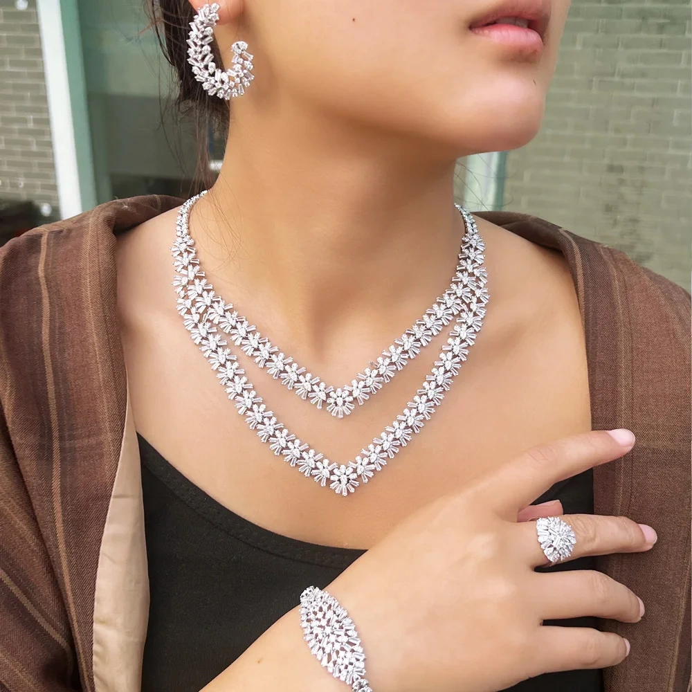 Copper Material Water Plated Rhodium White Gold Inlaid Zircon Snowflake Shape Women's Banquet Jewelry Four-Piece Jewelry Set Tennis Chain (Full Diamond Chain)