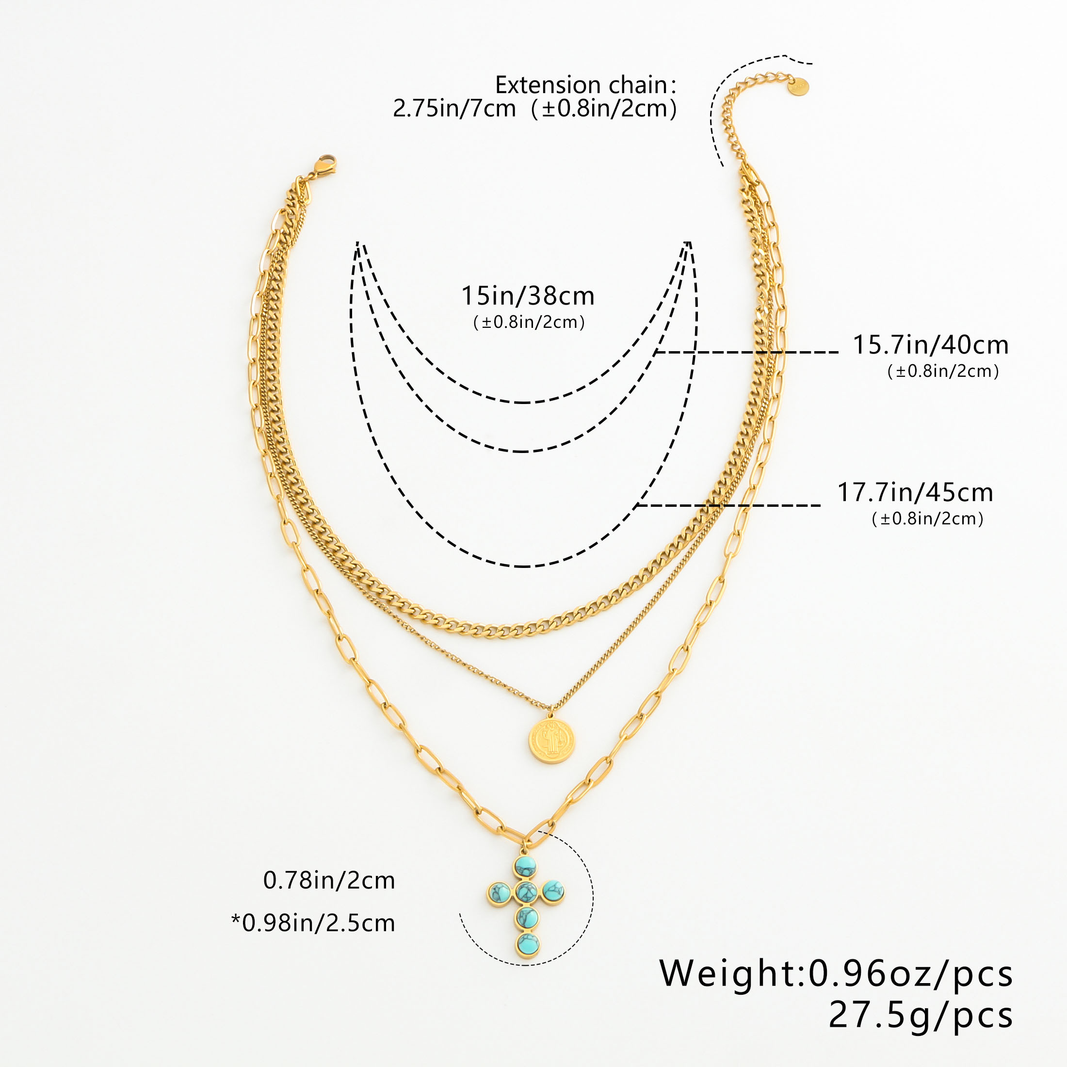 Ion Plating (IP) 18K Gold Plated Real Gold Plated Cross Round 304 Stainless Steel Simple Style Classic Style Waterproof Non Tarnish 304 Stainless Steel Layered Necklaces