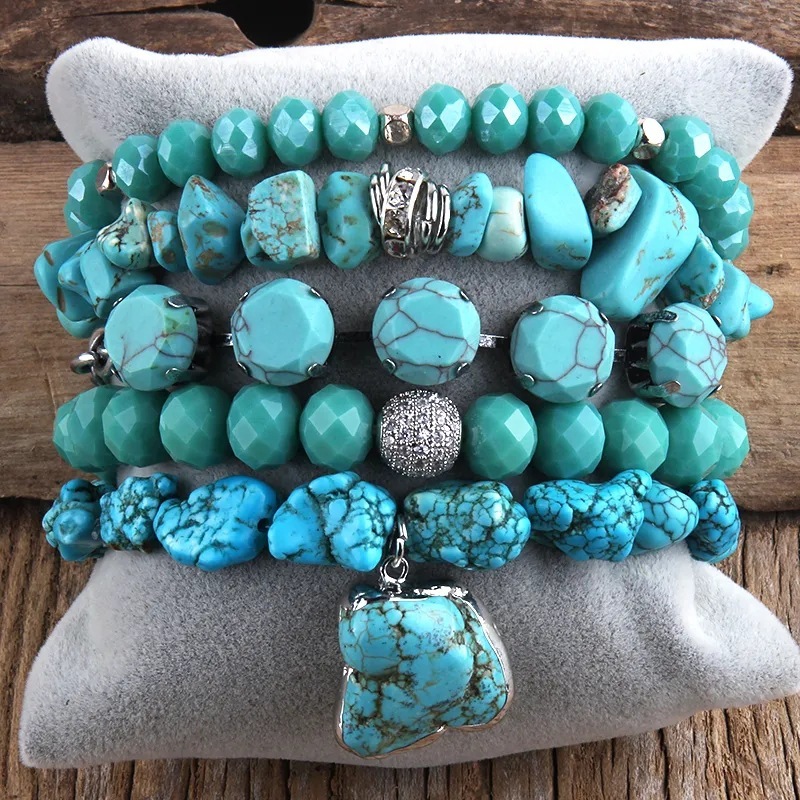 Bohemian Style Elastic Natural Semi-Precious Stone Turquoise Glass Stackable Bracelet Women's Fashion Jewelry Accessories