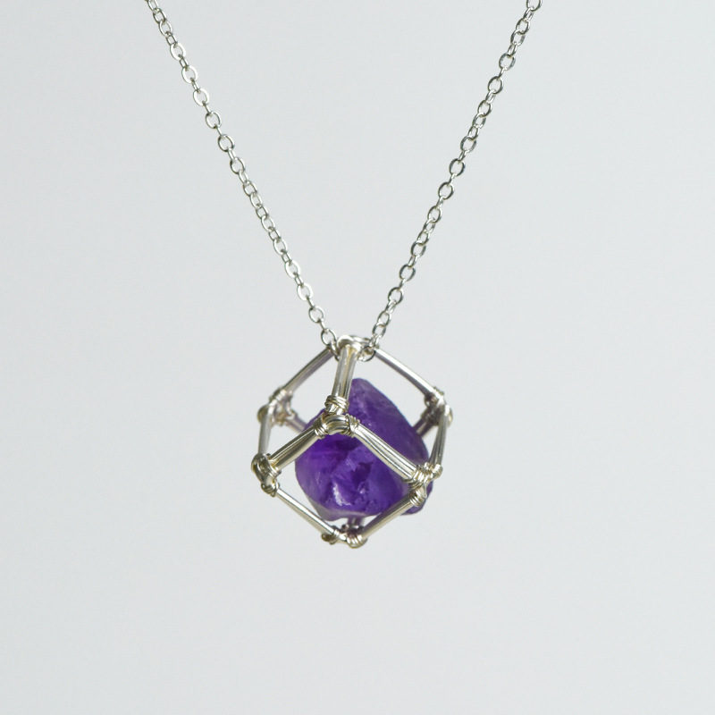 Natural Crystal Raw Stone Pendant Spiral Geometric Pattern Rhodium Plated (Silver) European Style Sugar Powder Purple Yellow Crystal Irregular Stone Necklace Accessories