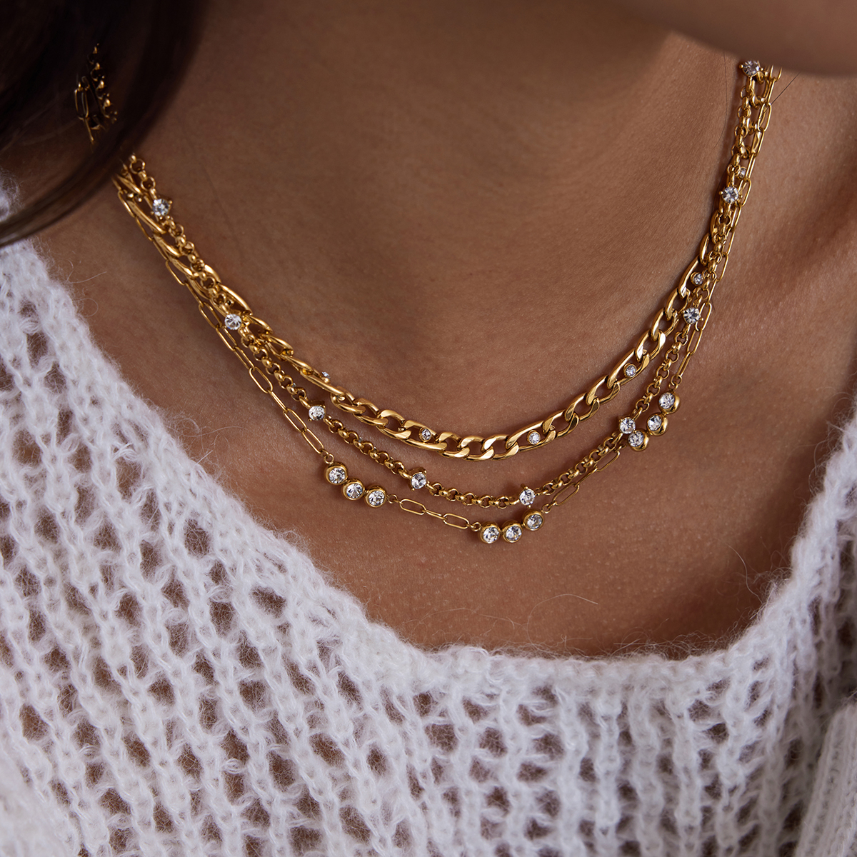 Women's Classic 18K Gold Stainless Steel Zircon Round White Zircon Cross Chain Necklace 41+5CM Jewelry Accessories