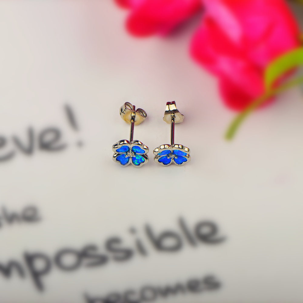 Blue Australian Opal Four Leaf Clover Flower Earrings Bohemian Style Simple Design For Women Copper Material Jewelry Accessories