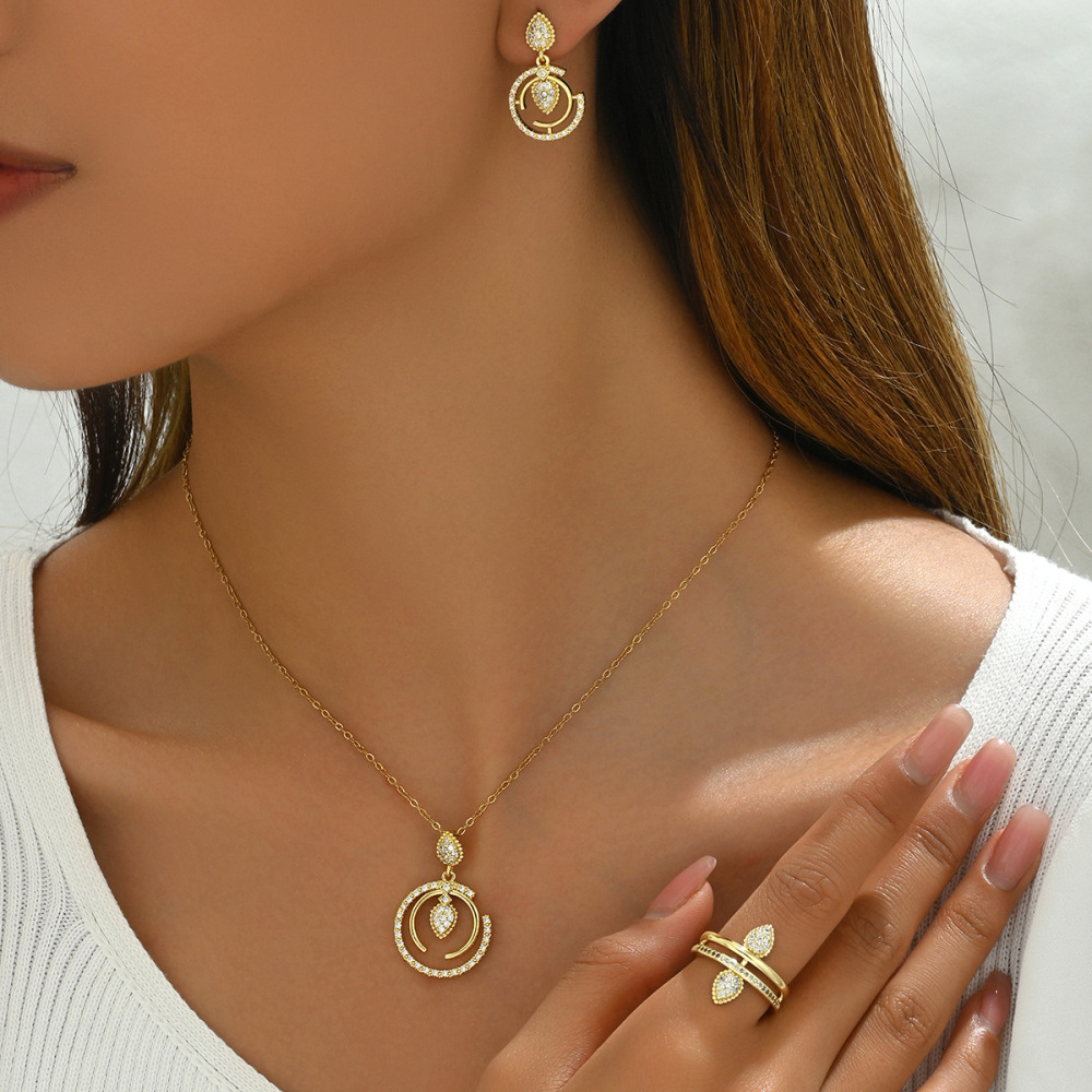 Elegant Circle Layered Necklace Earrings Ring Set Gold Fine Chain Zircon Design Fashion Jewelry Stainless Steel Accessories