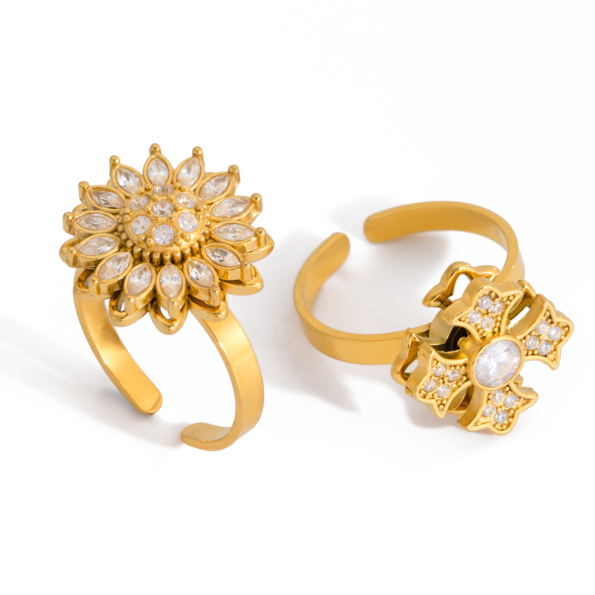 Women's Classic Style / 18K Gold 304 Stainless Steel With Rhinestone Flower Cross Rotatable Open Ring Geometric Asymmetric Mixed Color Vacuum Electroplated Zircon