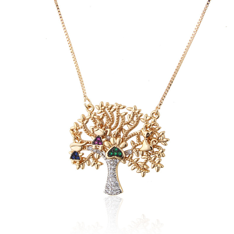 New Fashion Champagne Gold Big Tree Pendant Copper Micro Inlay Zircon Tree Necklace Wholesale