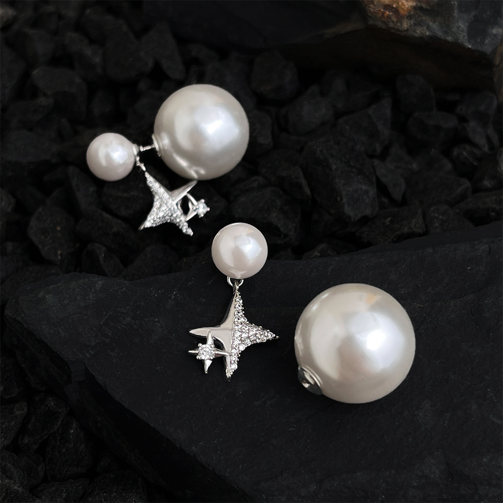 Elegant Pearl Zirconium Ear Studs Original Double Wear True Gold Plated Starburst Fashionable Feminine Jewelry Accessories