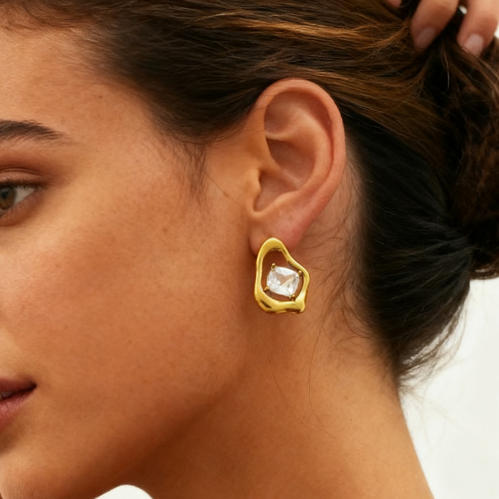 304 Stainless Steel Ladies 18k Gold Plated Zircon Asymmetric Earrings Jewelry Accessories Holiday Gifts