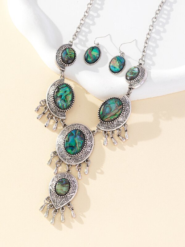 New Retro  Fashion Oval Flower Shape Abalone Shell Earrings Necklace Set Personalized Jewelry Accessories