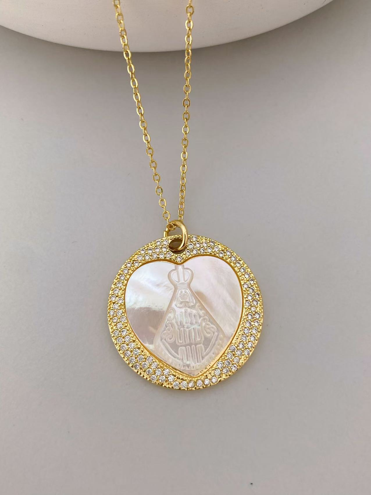 New Zircon White Mother-of-Pearl Guadalupe Pendant Women's European Style Jewelry Accessories Geometric Pattern Electroplated