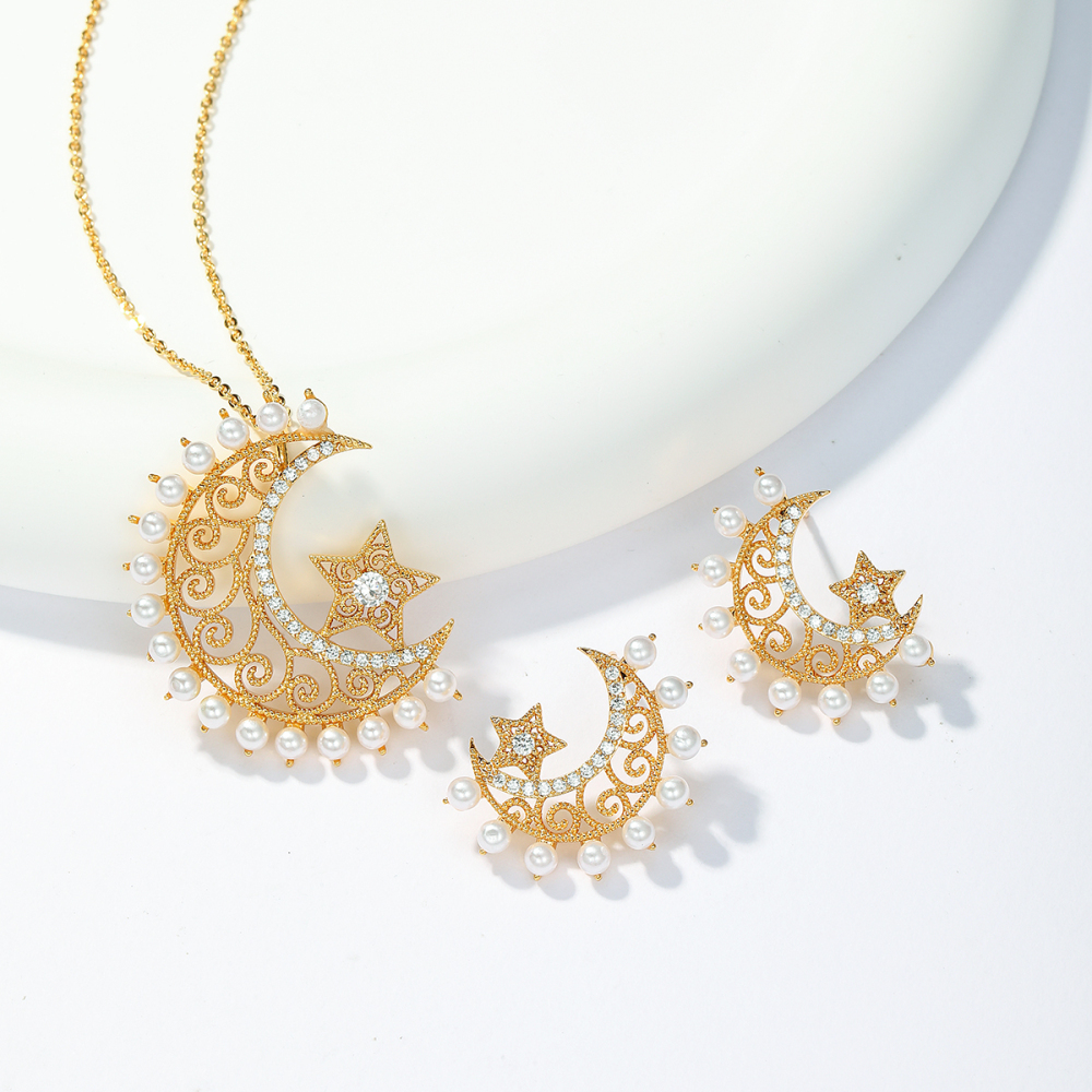 2-Piece Set Copper Inlaid Zircon Ramadan Middle Eastern Star Moon Hollow Flower Ethnic Style Niche Art Women's Earrings Pendant Suitable For Gift Wedding Engagement Banquet Jewelry Accessories