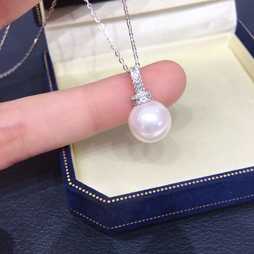 Natural Freshwater Pearl Necklace Single Bead Perfect Round Aurora Pearl Pendant S925 Sterling Silver Clavicle Chain Women's Style White