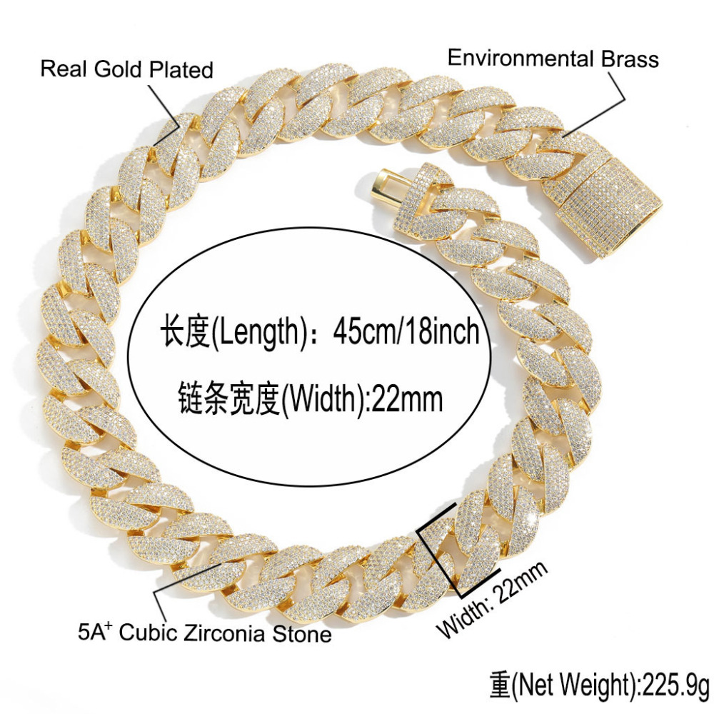 Qiji Hip Hop Necklace 22mm Wide Bubble Cuban Chain 5 Rows Diamond Personality Dominant Trendy Zircon Men's Jewelry Accessory