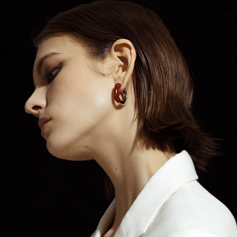 Fashionable White Red Enamel Drip Oil Earrings Women's Style Personality Clasps Geometric Pattern Copper Jewelry Earrings