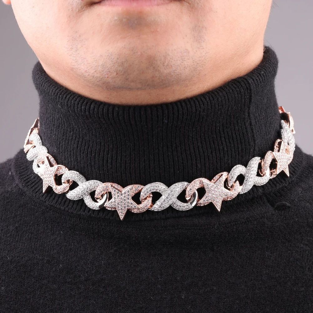 Double Color Cuban Chain Necklace With Zircon Inlayed Copper Star Eye Lockbone Chain Hip Hop Style Unisex Jewelry Accessory