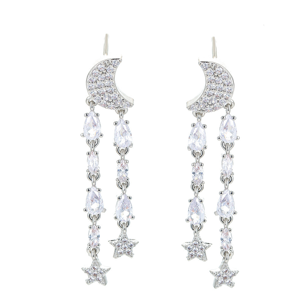 Korean Long Star And Moon Earrings Personality Tassel Copper Earrings