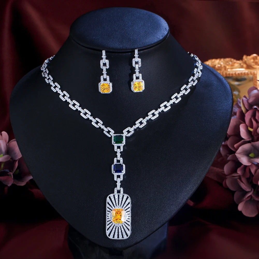Copper Jewelry Two-Piece Set Women's Fashion Wedding Party Jewelry Luxurious Cubic Zirconia Cuban Link Long Bar Pendant Necklace Earrings Set