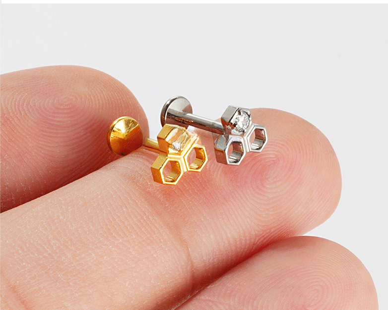 Titanium Alloy Hexagonal Honeycomb Earrings Body Piercing Lip Tongue Jewelry Women's Fashion Simple Style Geometric Pattern