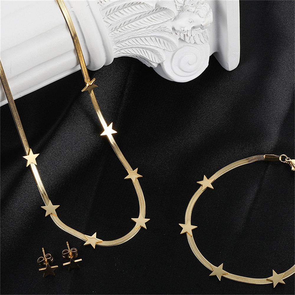 Fashionable Stainless Steel Gold Plated 18K Women's Necklace Bracelet Earring Set Three-Piece Jewelry Accessories Geometric Pattern