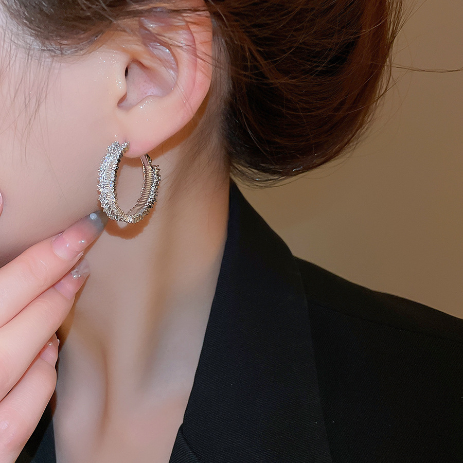 Double Layer Silver Needle Zirconia Fashionable Minimalist Cold Style Versatile Elegant Lightweight Luxury Geometric Patterned Earrings For Women