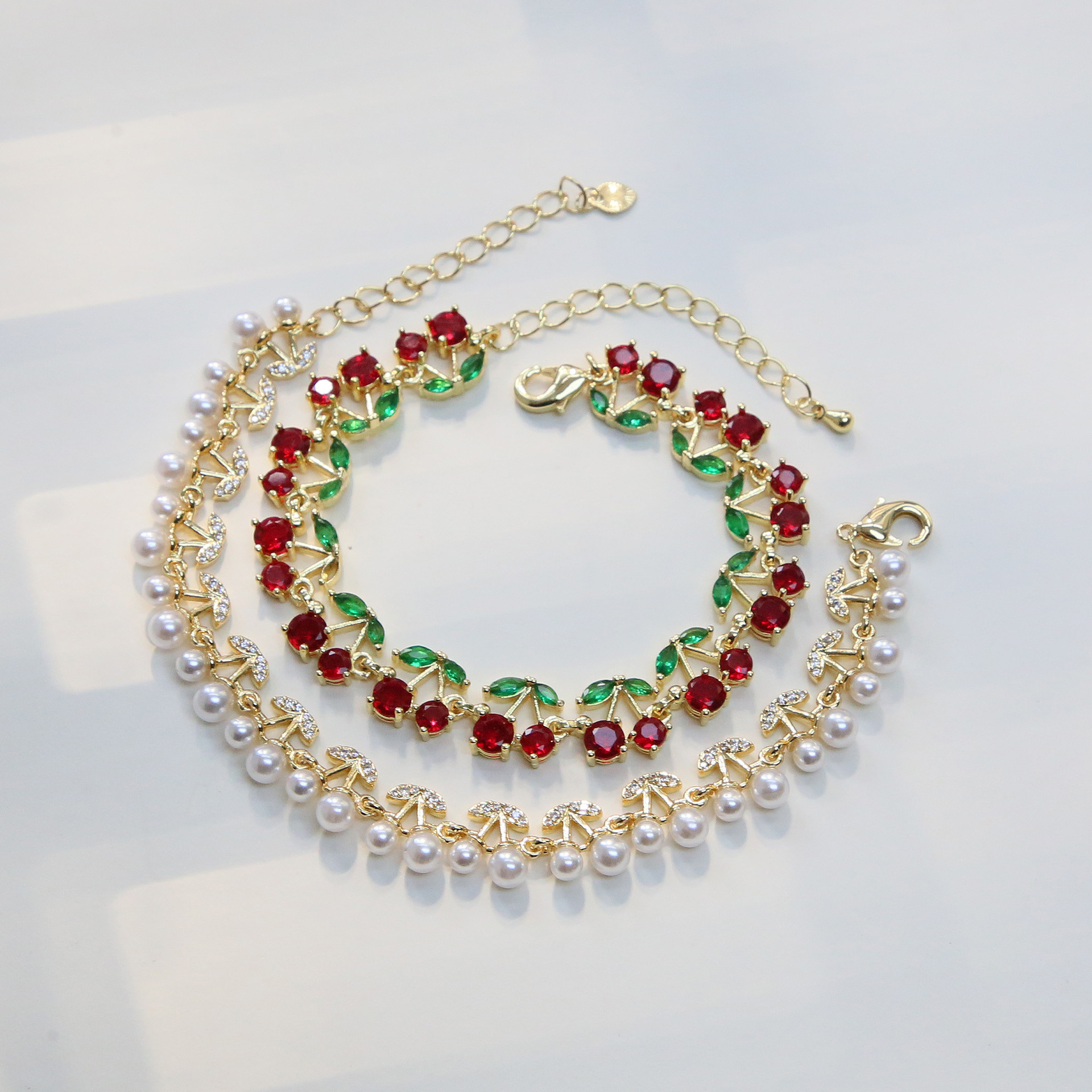 Fashionable Red Cherry Pearl Bracelet For Women High-End Brass Electroplated Jewelry Trendy Ins Style Fruit Series Accessory