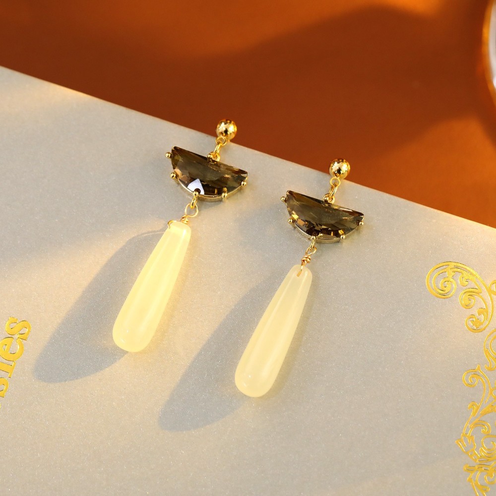 New Chinese Style Long Fan Shaped Agate Earrings Women's Fashion Autumn Winter Geometric Pattern Copper Jewelry Accessories