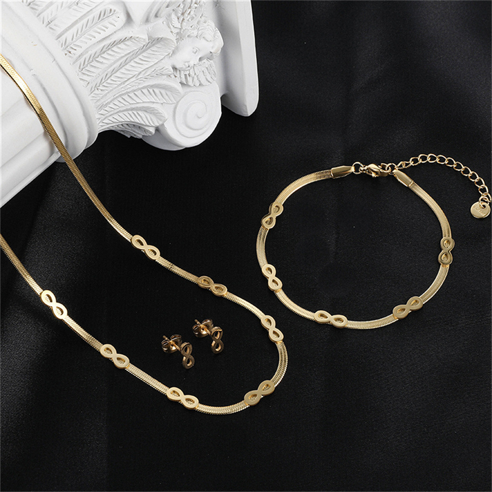 Fashionable Stainless Steel Gold Plated 18K Women's Necklace Bracelet Earring Set Three-Piece Jewelry Accessories Geometric Pattern