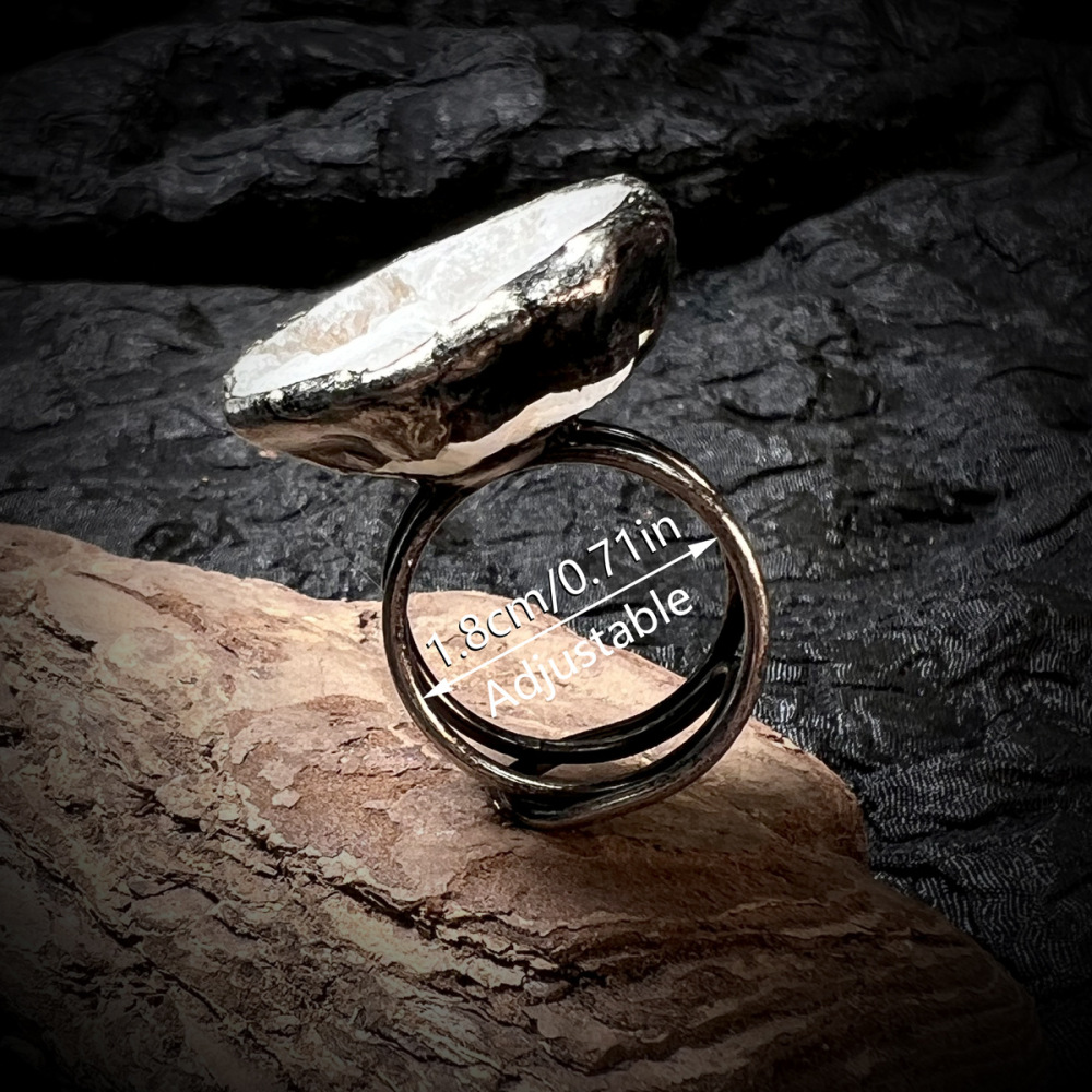 Retro Handmade Adjustable Silver Gold Plated Agate Crystal Ring Open Geometric Unisex Wide Band Jewelry Accessories